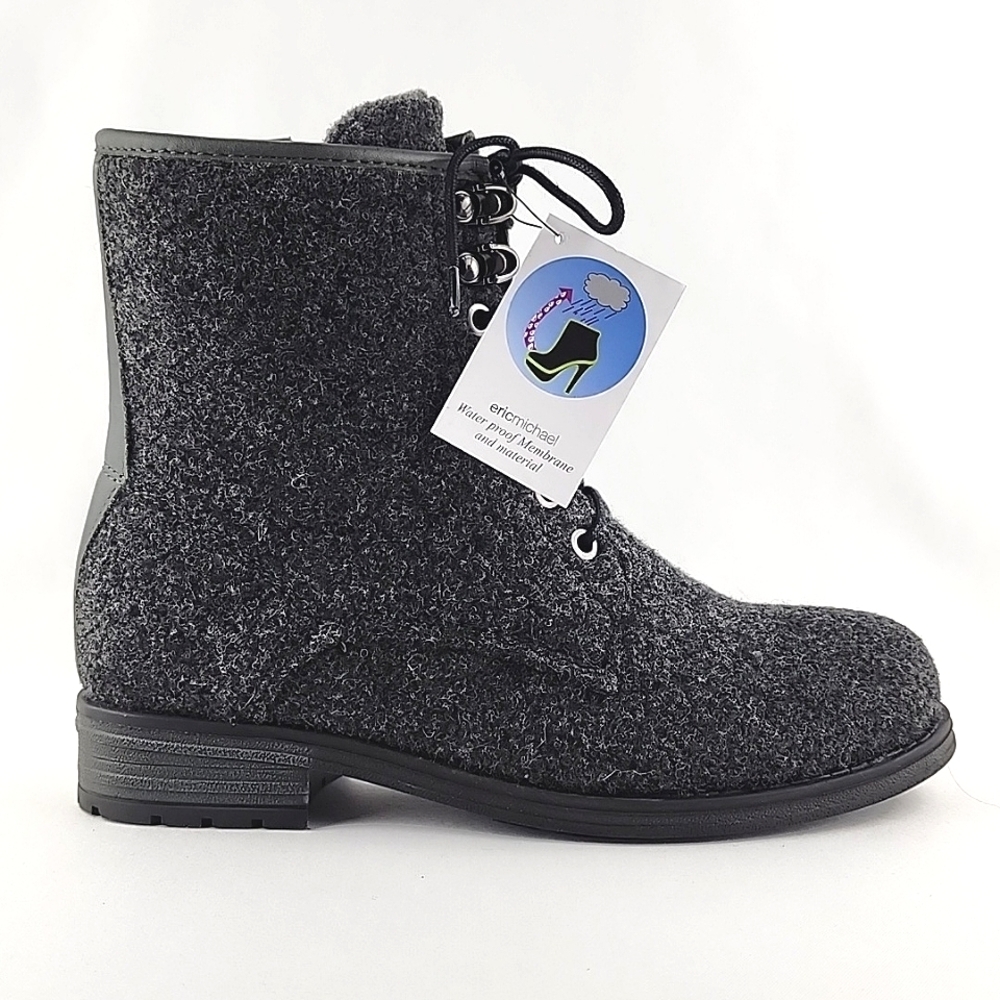 NWT Eric Michael Women's Caterina Waterproof Boots Wool‎ Felt Lace Up Grey 36